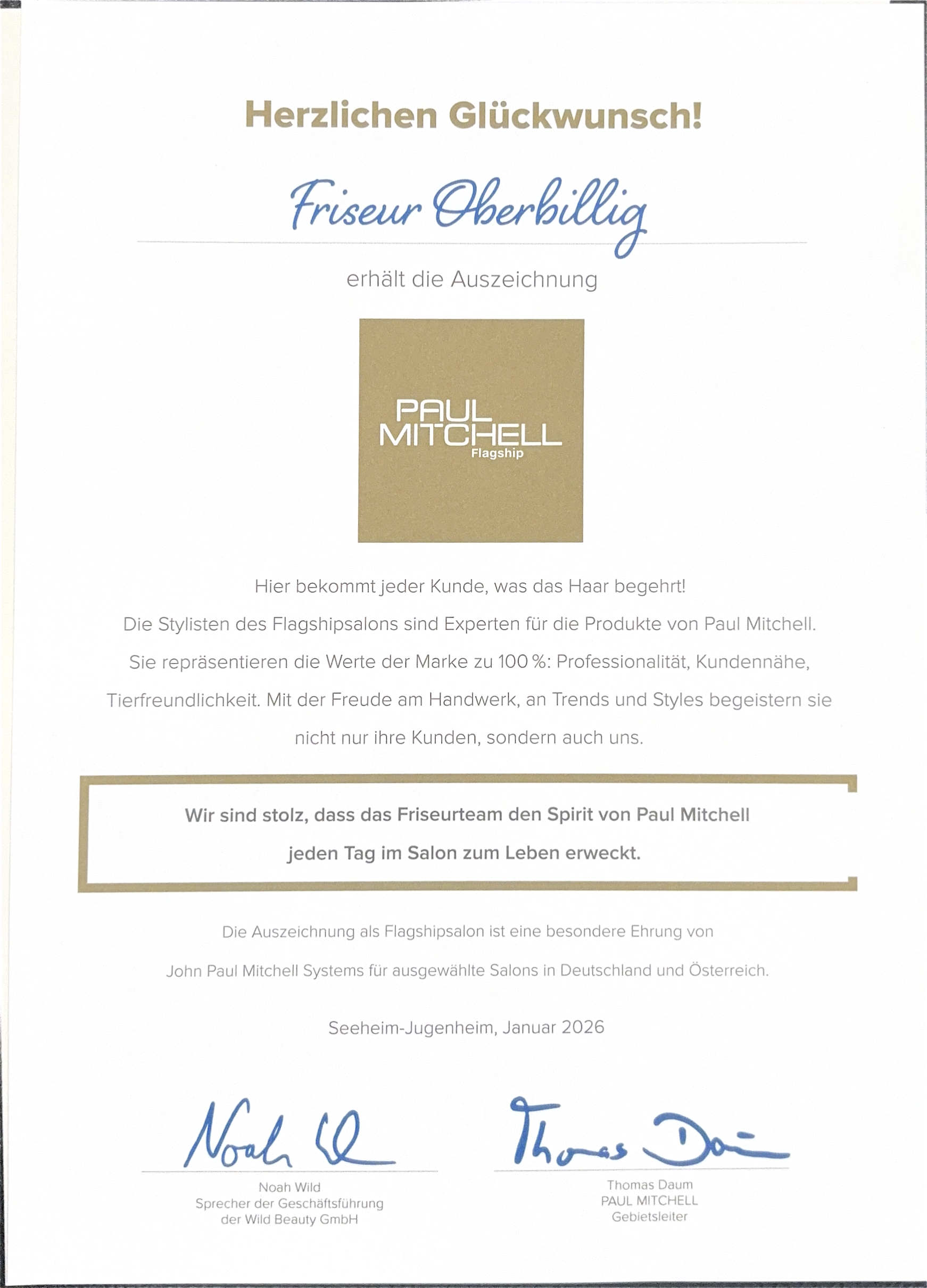 Paul Mitchell Flagship Salon Urkunde — Friseur Oberbillig